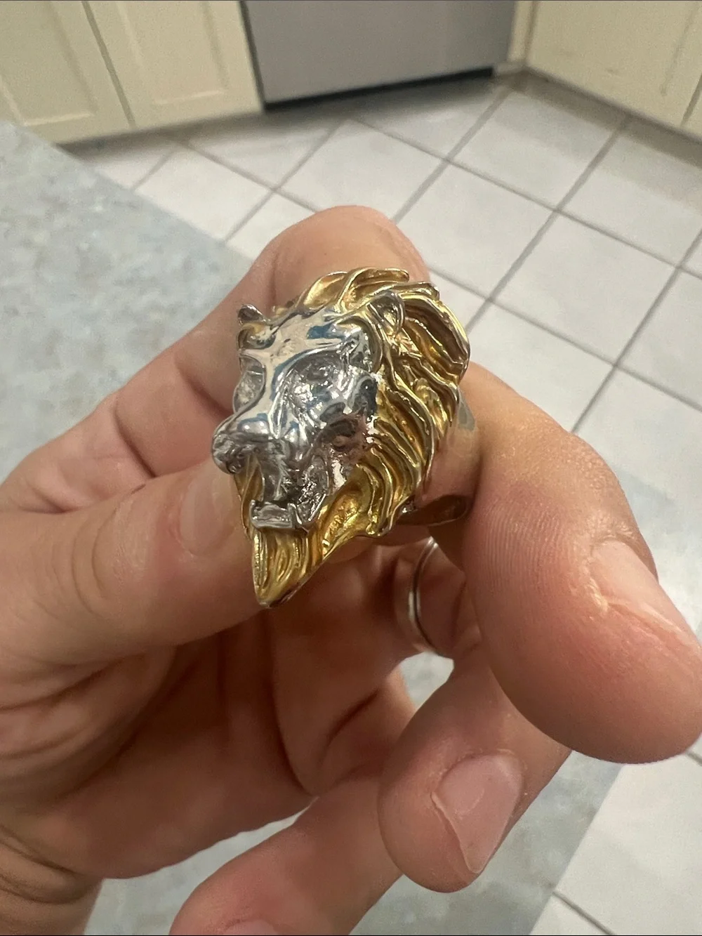 Two-Tone Lion Head Statement Ring - Gold & Silver